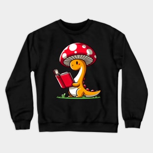 Kawaii simple Mushroom Hat Dinosaur Brontosaurus Reading Book Crewneck Sweatshirt